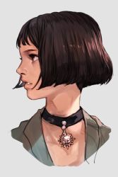 Rule 34 | 1girl, black hair, bob cut, brown eyes, choker, grey background, hungry clicker, leon the professional, looking to the side, mathilda lando, portrait, profile, short hair, solo