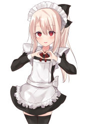 Rule 34 | 1girl, absurdres, apron, black bow, black dress, black thighhighs, blush, bow, collared dress, commentary request, cowboy shot, dress, fate/kaleid liner prisma illya, fate (series), frilled apron, frills, hair between eyes, hair bow, heart, heart hands, highres, illyasviel von einzbern, light brown hair, long hair, long sleeves, maid, maid apron, maid headdress, natsu (sinker8c), neck ribbon, parted lips, ponytail, red eyes, red ribbon, ribbon, sidelocks, simple background, smile, solo, thighhighs, white apron, white background