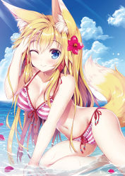 1girl, ;), animal ear fluff, animal ears, bangs, bikini, blonde hair, blue eyes, breasts, cameltoe, cleavage, closed mouth, cloud, collarbone, day, eyebrows visible through hair, flower, fox ears, fox tail, frilled bikini, frills, front-tie bikini, front-tie top, hair between eyes, hair flower, hair ornament, hair ribbon, hand on forehead, hibiscus, highres, large breasts, long hair, looking at viewer, medium breasts, ocean, one eye closed, original, outdoors, petals, pink bikini, red flower, red ribbon, ribbon, shiny, shiny hair, side-tie bikini, sitting, smile, solo, striped, striped bikini, summer, sunlight, swimsuit, tail, tateha (marvelous grace), very long hair
