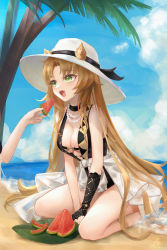 Rule 34 | 1girl, 1other, ambiguous gender, animal ears, arknights, beach, between legs, black choker, black gloves, black one-piece swimsuit, blue sky, blush, breasts, chinese commentary, choker, cleavage, clothes around waist, cloud, commentary request, ears through headwear, feeding, food, fruit, gloves, green eyes, hand between legs, hat, highres, holding, holding food, jewelry, liu liaoliao, looking at another, looking at viewer, necklace, official alternate costume, one-piece swimsuit, open mouth, out of frame, outdoors, palm tree, pearl necklace, sand, seiza, shirt, shirt around waist, sideboob, single glove, sitting, sky, solo focus, sun hat, swimsuit, swire (arknights), tiger ears, tree, water, watermelon, white headwear, white shirt