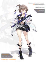 Rule 34 | 1girl, absurdres, bag, belt, bikini, bikini top only, black bikini, black footwear, black shorts, black socks, breasts, brown hair, cleavage, collarbone, color guide, fingerless gloves, frown, full body, gloves, gun, hair ornament, hairclip, highres, holding, holding gun, holding weapon, jacket, k.t.cube, large breasts, leg belt, long sleeves, looking at viewer, navel, one side up, open clothes, open jacket, original, pink eyes, pouch, puffy sleeves, see-through, shadow, shoes, short hair, short shorts, shorts, smoke grenade, socks, solo, standing, stomach, strap, submachine gun, swimsuit, thighs, trigger discipline, weapon, white gloves, white jacket, zoom layer