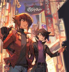 Rule 34 | 2boys, aoki (fumomo), belt, black coat, black hair, black shirt, brown eyes, cityscape, coat, contemporary, denim, duel academy uniform (yu-gi-oh! gx), feet out of frame, from below, grey eyes, hair between eyes, highres, jacket, jeans, key, long sleeves, looking at another, male focus, manjoume jun, multicolored hair, multiple boys, open clothes, pants, red jacket, shirt, short hair, smile, spiked hair, talking, two-tone hair, walking, yu-gi-oh!, yu-gi-oh! gx, yuki judai