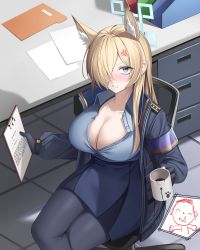 Rule 34 | 1girl, absurdres, anger vein, animal ear fluff, animal ears, armband, doodle sensei (blue archive), arrow (symbol), asymmetrical bangs, bench, black gloves, black jacket, black pantyhose, black skirt, blonde hair, blue archive, blue shirt, blush, breasts, chair, chun bae, cleavage, clipboard, collarbone, collared shirt, crossed legs, cup, desk, extra ears, gloves, hair over one eye, halo, high-waist skirt, highres, holding, holding clipboard, holding cup, indoors, jacket, kanna (blue archive), korean text, large breasts, long hair, long sleeves, looking at viewer, nose blush, office chair, pantyhose, paper, partially unbuttoned, pencil skirt, sensei (blue archive), shirt, sidelocks, sitting, skirt, spoken character, swivel chair, tile floor, tiles