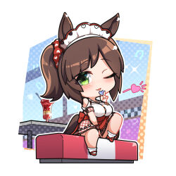Rule 34 | 1girl, animal ears, bench, blush, breasts, brown hair, chibi, clothing cutout, commentary, commission, cup, day, english text, freckles, green eyes, hair ornament, hair scrunchie, heart, heart print, highres, holding, horse ears, horse girl, horse tail, ines fujin (melty gift) (umamusume), ines fujin (umamusume), knee up, large breasts, looking at viewer, maid headdress, no nose, one eye closed, parfait, parted lips, plaid, plaid skirt, polka dot, polka dot background, red footwear, red scrunchie, red skirt, scrunchie, short sleeves, shoulder cutout, side ponytail, sitting, skeb commission, skirt, socks, solo, tail, thighs, umamusume, warashi, white skirt, white socks