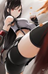 Rule 34 | 1girl, ass, bike shorts, black skirt, blurry, blurry foreground, breasts, commentary request, earrings, elbow pads, final fantasy, final fantasy vii, fingerless gloves, gloves, gradient background, grey background, jewelry, knees up, large breasts, long hair, low-tied long hair, midriff, miniskirt, motion blur, pencil skirt, red eyes, shirt, shorts, shorts under skirt, skirt, suspender skirt, suspenders, tank top, taut clothes, taut shirt, tea (nakenashi), tifa lockhart, two-tone background