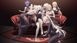 Rule 34 | 6+girls, ahoge, applying manicure, bare legs, bennington (cv-20) (warship girls r), black-framed eyewear, black dress, black footwear, black gloves, black jacket, black pants, black ribbon, blonde hair, blue eyes, blue hair, bottle, braid, breasts, brown hair, brown pantyhose, carpet, cartonbox (zhixiang zhi), character request, chinese commentary, cleavage, closed mouth, comb, commentary, couch, dress, elbow gloves, essex (warship girls r), fingernails, gem, glasses, gloves, green eyes, green nails, grey hair, hair between eyes, hair over one eye, hair ribbon, hairband, half gloves, hancock (warship girls r), high heels, highres, holding, holding bottle, holding comb, holding own hair, jacket, jewelry, large breasts, lexington (cv-16) (warship girls r), long hair, long sleeves, looking at another, missouri (warship girls r), multiple girls, nail polish, necklace, on one knee, one eye covered, open mouth, painting nails, pants, pantyhose, ponytail, red eyes, red gemstone, red nails, ribbon, short hair, sidelocks, sitting, sleeveless, sleeveless dress, ticonderoga (warship girls r), two side up, very long hair, warship girls r, white hair, white hairband, yellow eyes