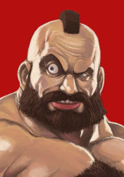 Rule 34 | 1boy, achako (badendo), beard, blue eyes, capcom, chest hair, facial hair, lips, male focus, mohawk, muscular, nose, pectorals, portrait, raised eyebrow, red background, simple background, solo, street fighter, topless male, upper body, zangief
