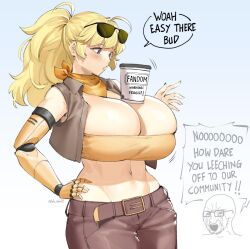 Rule 34 | artist name, bandana, blonde hair, breasts, brown pants, commentary, crop top, cropped jacket, english commentary, english text, eyewear on head, highres, huge breasts, jacket, long hair, lulu-chan92, mechanical arms, pants, prosthesis, prosthetic arm, purple eyes, rwby, simple background, single mechanical arm, sunglasses, very long hair, wojak, yang xiao long