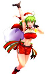 Rule 34 | 1girl, ;d, absurdres, ahoge, alternate costume, arm up, armlet, armpits, bandeau, bare arms, bare shoulders, black gloves, boots, bow, breasts, capelet, cleavage, commentary request, earrings, eyelashes, feet out of frame, gloves, green bow, green hair, hair between eyes, hand up, hat, highres, holding, holding sack, itocoh, jewelry, kazami yuuka, large breasts, leg up, looking at viewer, midriff, miniskirt, mistletoe, navel, one eye closed, open mouth, pencil skirt, red bow, red capelet, red eyes, red footwear, red skirt, sack, santa costume, santa hat, short hair, side slit, simple background, skirt, smile, solo, star (symbol), star earrings, stomach, striped, striped bow, thighs, touhou, v-shaped eyebrows, white background