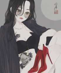 Rule 34 | 1girl, absurdres, bare legs, black bra, black hair, black jacket, black nails, bra, breasts, brown eyes, buttons, chest tattoo, cleavage, collarbone, commentary, eyewear strap, flower tattoo, glasses, grey background, hair between eyes, hannya, high heels, highres, holding, holding shoes, jacket, jewelry, long hair, looking at viewer, medibang paint (medium), midriff, nail polish, necklace, open clothes, open jacket, original, parted hair, pinstripe jacket, pinstripe pattern, pumps, red footwear, ring, round eyewear, seal impression, shoes, unworn shoes, signature, sitting, solo, stiletto heels, stomach tattoo, suit jacket, sunglasses, tattoo, tinted eyewear, underwear, ushiyama ame, wavy hair