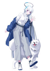 Rule 34 | 1girl, absurdres, alfie (tmdals7645), alternate costume, animal, blue archive, blue jacket, blush, buttons, closed mouth, commentary, dog, full body, grey hair, grey pants, halo, highres, jacket, long hair, long sleeves, looking at viewer, mechanical halo, noa (blue archive), open clothes, open jacket, pants, purple eyes, shirt, shoes, simple background, smile, solo, tongue, tongue out, white background, white footwear, white shirt
