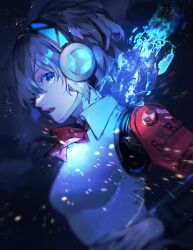 Rule 34 | 1girl, aegis (persona), android, blonde hair, blue eyes, blue theme, dark background, from side, glowing, hair between eyes, headphones, light particles, looking to the side, lor (roasyerizyonirapi), motion blur, night, open mouth, persona, persona 3, profile, ringed eyes, s.e.e.s, short hair, solo, upper body