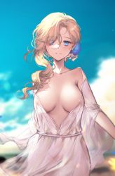 Rule 34 | 1girl, absurdres, areola slip, asymmetrical hair, azur lane, bare shoulders, blonde hair, blue eyes, blue flower, blue sky, blurry, blurry background, blush, breasts, cleavage, cowboy shot, day, depth of field, dress, flower, groin, hair flower, hair ornament, hair over one eye, highres, hood (azur lane), large breasts, long hair, looking at viewer, moonlgnance, no bra, no panties, off shoulder, open clothes, open dress, outdoors, parted lips, see-through, sky, smile, solo, white dress
