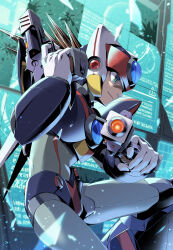Rule 34 | 1boy, android, armor, axl (mega man), brown hair, commentary, dual wielding, english commentary, fujino yuuki, glass shards, green eyes, gun, hands up, helmet, highres, holding, holding gun, holding weapon, holographic monitor, leg up, long hair, looking away, male focus, mega man (series), mega man x: command mission, mega man x (series), monitor, multiple monitors, parted lips, profile, scar, scar on face, shards, sign, smile, solo, spiked hair, standing, warning sign, weapon