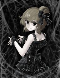 Rule 34 | 1girl, bare arms, bare shoulders, black background, black bow, black dress, black eyes, blonde hair, bow, bracelet, closed mouth, commentary request, cowboy shot, dress, empty eyes, from behind, hair bow, hair bun, hands up, highres, jewelry, kurodani yamame, layered dress, looking at viewer, looking back, short hair, silk, single hair bun, sleeveless, sleeveless dress, smile, solo, spider web, sunnysideup, touhou