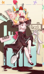 Rule 34 | 1girl, absurdres, black footwear, black hat, black shirt, blush, bow, chocolate, dessert, drinking straw, food, fork, fruit, hair ornament, hat, highres, ice cream, ice cream cone, macaron, original, red bow, shirt, sitting, sleeves past fingers, sleeves past wrists, socks, strawberry, white socks, witch, x hair ornament, zhonglllll