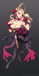 Rule 34 | 1girl, alternate costume, arched back, bare shoulders, bent over, blonde hair, blue eyes, breasts, chaos online, choker, cleavage, collarbone, company name, dated, demon girl, demon horns, demon tail, earrings, eyeshadow, finger to mouth, fishnet thighhighs, fishnets, flower, full body, garter straps, gradient background, grey background, hair flower, hair ornament, hair ribbon, highres, horns, jewelry, large breasts, lips, long hair, love cacao, lucifer (chaos online), makeup, official art, parted lips, ribbon, shoes, smile, solo, tail, thighhighs, watermark