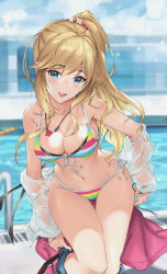 Rule 34 | 1girl, bare shoulders, belt, bikini, blonde hair, blue eyes, blush, breasts, cleavage, collarbone, denim, denim shorts, dress shirt, front-tie bikini top, front-tie top, idolmaster, idolmaster cinderella girls, jewelry, large breasts, long hair, looking at viewer, multicolored bikini, multicolored clothes, navel, necklace, off shoulder, ohtsuki yui, open clothes, open mouth, open shirt, parfaitlate, ponytail, shirt, shorts, side-tie bikini bottom, sidelocks, smile, striped bikini, striped clothes, swept bangs, swimsuit, thighs, undressing, wavy hair, white shirt