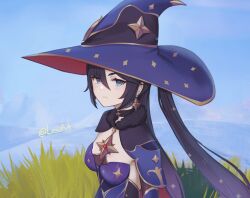Rule 34 | 1girl, alternate eye color, black choker, blue eyes, breasts, brooch, capelet, choker, closed mouth, earrings, fur-trimmed capelet, fur collar, fur trim, genshin impact, gold trim, grass, hat, highres, jewelry, lesu, long hair, mona (genshin impact), purple hat, shiny clothes, small breasts, solo, star (symbol), star earrings, twintails, upper body, witch hat