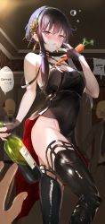 Rule 34 | 1girl, 3boys, absurdres, bare shoulders, black dress, black hair, blush, bottle, breasts, carrot, cleavage, dress, drunk, earrings, flower, gloves, gold hairband, hair ornament, hairband, highres, holding, holding carrot, jewelry, large breasts, long hair, looking at viewer, mugiusagi, multiple boys, no panties, open mouth, red eyes, sidelocks, speech bubble, spy x family, thighhighs, wine bottle, yor briar