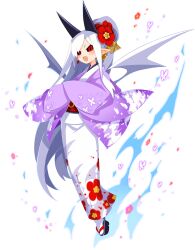 Rule 34 | 1girl, animal print, black sclera, butterfly print, colored sclera, crossed arms, demon horns, demon wings, disgaea, disgaea rpg, fang, floral print, flower, full body, furisode, hair flower, hair ornament, highres, horns, japanese clothes, kimono, long hair, long sleeves, non-web source, open mouth, photoshop (medium), pointy ears, pram (phantom kingdom), red eyes, sandals, slit pupils, solo, tabi, transparent background, very long hair, white hair, white wings, wide sleeves, wings