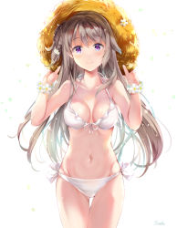 Rule 34 | 1girl, bad id, bad pixiv id, bikini, blush, bow, breasts, brown hair, cleavage, closed mouth, comic, commentary request, flower, front-tie bikini top, front-tie top, gluteal fold, hair between eyes, halterneck, hands on headwear, hands up, hat, long hair, looking at viewer, medium breasts, navel, original, purple eyes, side-tie bikini bottom, smile, solo, straw hat, string bikini, suihi, swimsuit, thigh gap, very long hair, white background, white bikini, white bow, white flower