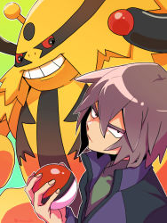 Rule 34 | 1boy, black eyes, brown hair, closed mouth, commentary request, covered collarbone, creatures (company), electivire, game freak, gen 4 pokemon, green shirt, hair between eyes, highres, holding, holding poke ball, ima (imaaao3o), jacket, male focus, nintendo, outline, paul (pokemon), poke ball, poke ball (basic), pokemon, pokemon (anime), pokemon (creature), pokemon dppt (anime), purple jacket, shirt, short hair