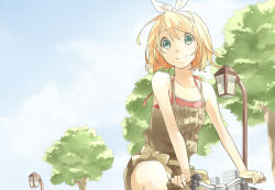 Rule 34 | 1girl, bad id, bad pixiv id, bicycle, blonde hair, booota, buuta, camisole, green eyes, hair ornament, hairband, hairpin, kagamine rin, lamppost, short hair, solo, tree, vocaloid