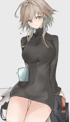 Rule 34 | 1girl, ahoge, arknights, black sweater, blue eyes, bottomless, breasts, brown hair, coffee mug, covered erect nipples, covered navel, cowboy shot, cup, gluteal fold, heart, highres, holding, holding cup, large breasts, long sleeves, mayer (arknights), mikozin, mug, no panties, pussy juice, smile, solo, sweater, thighs, turtleneck, turtleneck sweater