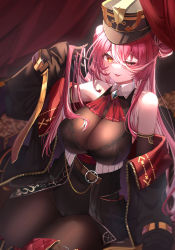 Rule 34 | 1girl, ;), ascot, bare shoulders, black gloves, black jacket, black leotard, bodystocking, breasts, brown pantyhose, cleavage, colored inner hair, crossed bangs, gloves, hair between eyes, hat, highres, hololive, houshou marine, houshou marine (marching band), jacket, jua k01, large breasts, leotard, long hair, long sleeves, looking at viewer, multicolored hair, off shoulder, one eye closed, open clothes, open jacket, pantyhose, red ascot, red hair, see-through, see-through cleavage, shako cap, sitting, smile, solo, two-tone hair, virtual youtuber, white hair, yellow eyes