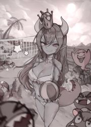 Rule 34 | absurdres, ball, beach, beach volleyball, bikini, blonde hair, boo (mario), bowsette, breasts, chain chomp, cleavage, dokuro deluxe, goomba, highres, horns, mario, mario (series), monochrome, new super mario bros. u deluxe, nintendo, palm tree, pointy ears, standing, super crown, swimsuit, tail, tree
