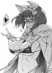 Rule 34 | 1girl, animal ears, barlunn, bikini, bikini top only, blush, breasts, closed mouth, commentary request, fate/grand order, fate (series), fox ears, fox shadow puppet, glasses, greyscale, hair ornament, jewelry, large breasts, long hair, magatama, magatama necklace, monochrome, navel, necklace, osakabehime (fate), osakabehime (foxy lady) (fate), solo, sweat, swimsuit