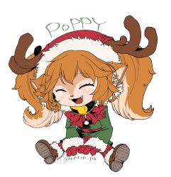 Rule 34 | 1girl, alternate hair color, bell, blush, boots, bow, christmas, closed eyes, fang, highres, horns, league of legends, long hair, otani (kota12ro08), pointy ears, poppy (league of legends), ribbon, smile, twintails, yordle