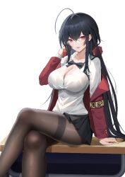 Rule 34 | 1girl, ahoge, aliasing, armband, azur lane, black bow, black bowtie, black hair, black skirt, bow, bowtie, breasts, brown pantyhose, cleavage, collared shirt, crossed bangs, desk, feet out of frame, hand in own hair, jacket, large breasts, legs, long hair, long sleeves, loose bowtie, miniskirt, official alternate costume, on desk, pantyhose, partially unbuttoned, pleated skirt, red eyes, red jacket, round eyewear, shirt, shirt tucked in, simple background, sitting, on desk, skirt, solo, taihou (azur lane), taihou (sweet time after school) (azur lane), thighband pantyhose, very long hair, white background, yellow armband, yomi1221