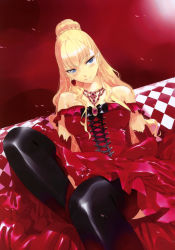 Rule 34 | 1girl, absurdres, alice in wonderland, black thighhighs, blonde hair, breasts, cleavage, corset, dress, elbow gloves, gloves, highres, large breasts, legs, long hair, naughty face, queen of hearts (alice in wonderland), red theme, sitting, solo, thighhighs, thighs, ueda ryou