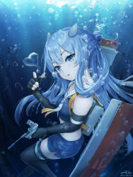 Rule 34 | 1girl, alexzhang, blue eyes, blue hair, breasts, bubble, cowboy shot, crop top, elbow gloves, fingerless gloves, gloves, gun, handgun, headgear, highres, i-203 (kancolle), kantai collection, light blue hair, long hair, looking at viewer, machinery, pistol, pointing, sailor collar, small breasts, swimsuit, thigh strap, thighhighs, underwater, weapon