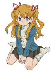 Rule 34 | 1girl, :c, ama-tou, blonde hair, blue eyes, hair ribbon, jacket, kanon, long hair, long sleeves, looking at viewer, no shoes, open clothes, open jacket, ribbon, sawatari makoto, shirt, simple background, sitting, skirt, socks, solo, striped clothes, striped socks, two side up, v arms, wariza, white background