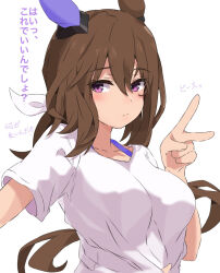 Rule 34 | 1girl, admire vega (umamusume), animal ears, blue eyes, blush, breasts, brown hair, commentary request, ear covers, ekazawa sdvx, eyelashes, hair between eyes, hair ribbon, highres, horse ears, horse girl, large breasts, looking at viewer, low ponytail, messy hair, ponytail, ribbon, shirt, sidelocks, simple background, single ear cover, solo, strap slip, t-shirt, umamusume, v, white background, white shirt