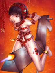 Rule 34 | 1girl, bdsm, black hair, blood, bow, burning, chinese new year, fire, firecrackers, highres, nipples, original, pain, peril, ribbon, s zenith lee, shibari, short hair, torture, wooden horse