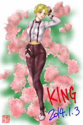 Rule 34 | 1girl, blonde hair, blue eyes, blush, character name, croupier, dated, fingerless gloves, floral background, flower, gloves, hand on own hip, high-waist pants, highres, jun tamayochan, king (snk), lipstick, makeup, nail polish, pants, rose, sash, short sword, solo, sword, the king of fighters, weapon