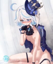 Rule 34 | 1boy, 1girl, absurdres, ahoge, ascot, bar censor, black ascot, black gloves, blue bow, blue coat, blue eyes, blue hair, blue headwear, blush, bow, breasts, censored, clenched hand, clothed sex, coat, coat on shoulders, commentary, cowgirl position, feet out of frame, furina (genshin impact), genshin impact, girl on top, gloves, green eyes, hair between eyes, hair intakes, half gloves, hat, hat bow, hetero, heterochromia, highres, jewelry, light blue hair, looking down, medium breasts, medium hair, mildt, mismatched pupils, motion blur, motion lines, multicolored hair, naked coat, navel, nipples, open clothes, open coat, parted lips, pendant, penis, pussy, pussy juice, sex, solo focus, spread legs, steaming body, straddling, sweat, thigh strap, tilted headwear, top hat, two-tone hair, vaginal, white hair, wristband