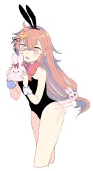 Rule 34 | 1girl, animal ears, black leotard, black ribbon, blush, bow, bowtie, crescent, crescent hair ornament, cropped legs, dated, eto (etonomemo1008), fake animal ears, hair ornament, hair ribbon, highres, holding, kantai collection, leotard, long hair, looking at viewer, one-hour drawing challenge, open mouth, pink eyes, pink hair, playboy bunny, rabbit ears, red bow, red bowtie, ribbon, signature, simple background, solo, twitter username, uzuki (kancolle), white background, wrist cuffs