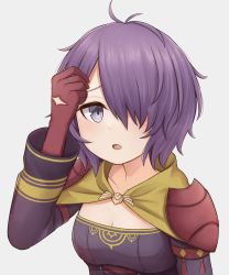 Rule 34 | 1girl, alternate hairstyle, atorie, bernadetta von varley, breasts, cleavage, fire emblem, fire emblem: three houses, fire emblem warriors, fire emblem warriors: three hopes, frown, gloves, grey eyes, hair over one eye, highres, long sleeves, looking at viewer, nintendo, open mouth, purple hair, short sleeves, small breasts, solo, upper body