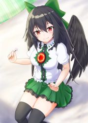 Rule 34 | 1girl, bird wings, black thighhighs, black wings, bow, breasts, collared shirt, commentary request, curtains, frilled skirt, frills, green bow, green skirt, hair between eyes, hair bow, highres, holding, lap pillow invitation, large breasts, long hair, looking at viewer, mimikaki, o1118, red eyes, reiuji utsuho, shirt, simple background, skirt, smile, solo, thighhighs, third eye, touhou, white shirt, wings, zettai ryouiki