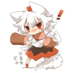 Rule 34 | !, 1girl, animal ears, bad id, bad twitter id, blush, bone, boned meat, chibi, detached sleeves, eating, eyebrows, fang, food, geta, hat, holding, inubashiri momiji, long sleeves, meat, pom pom (clothes), rebecca (keinelove), red eyes, short hair, simple background, skirt, solo, tail, thick eyebrows, tokin hat, touhou, white background, white hair, wolf ears, wolf tail