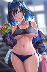 Rule 34 | 1girl, black buruma, black hair, black jacket, blue eyes, blue hair, blurry, blurry background, breasts, buruma, cleavage, closed mouth, commentary, crop top, cup, english commentary, freeze-ex, glaring, gym uniform, hair intakes, highres, holding, holding cup, hololive, hololive english, indoors, jacket, large breasts, looking at viewer, navel, ouro kronii, short hair, solo, subway (company), sweat, underboob, v-shaped eyebrows, virtual youtuber