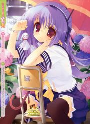 Rule 34 | 1girl, absurdres, chair, character request, flower, highres, hydrangea, long hair, purple hair, red eyes, school uniform, sitting, sitting backwards, solo, source request, thighhighs, umbrella, youta