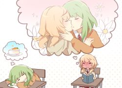 Rule 34 | 2girls, blonde hair, blush, book, cake, cake slice, carrot, chair, closed eyes, closed mouth, collared shirt, desk, emblem, flower, food, full-face blush, gradient background, green hair, gumi, halftone, halftone background, heart, holding, holding book, hood, hoodie, iede no shounen to maigo shoujo, imagining, imminent kiss, kagamine rin, long hair, long sleeves, multiple girls, necktie, open book, orange sweater, paper, parted lips, plate, red necktie, school desk, shirt, sitting, sketch, sweater, tensei shoujo to tensei shounen, thought bubble, trembling, vocaloid, wavy mouth, white shirt, wing collar, yunare, yuri, zipper
