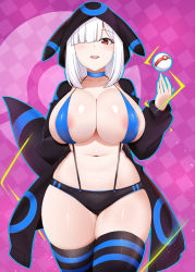 Rule 34 | 1girl, areola slip, bikini, breasts, cleavage, commission, cosplay, creatures (company), curvy, game freak, gen 2 pokemon, highres, hood, hood up, hoodie, huge breasts, looking at viewer, navel, nintendo, open mouth, original, pokemon, red eyes, skindentation, slingshot swimsuit, smile, solo, striped clothes, striped thighhighs, swimsuit, thick thighs, thighhighs, thighs, umbreon, umbreon (cosplay), white hair, wide hips, xiaodi, zettai ryouiki
