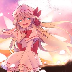 Rule 34 | 1girl, arm between legs, back bow, blonde hair, blue eyes, bow, bowtie, capelet, cherry blossoms, commentary, fairy wings, feet out of frame, hand up, hat, hat bow, highres, lily white, long hair, long sleeves, looking at viewer, open mouth, petals, pink background, red bow, red bowtie, sitting, smile, solo, touhou, tree, white capelet, white hat, wings, yutamaro